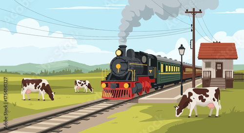 Vintage train journey through the countryside with grazing cows nearby