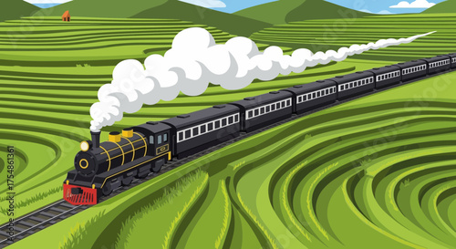 Vintage train journey through the cascading terraces of a rural landscape