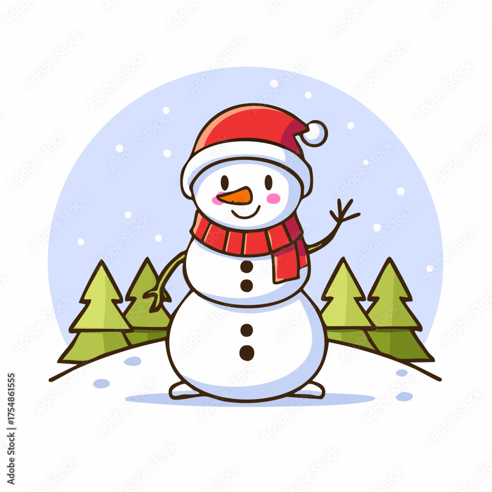 Fototapeta premium doodle icon vector Happy snowman in a scarf and red Santa hat standing and waving against a winter Christmas landscape.