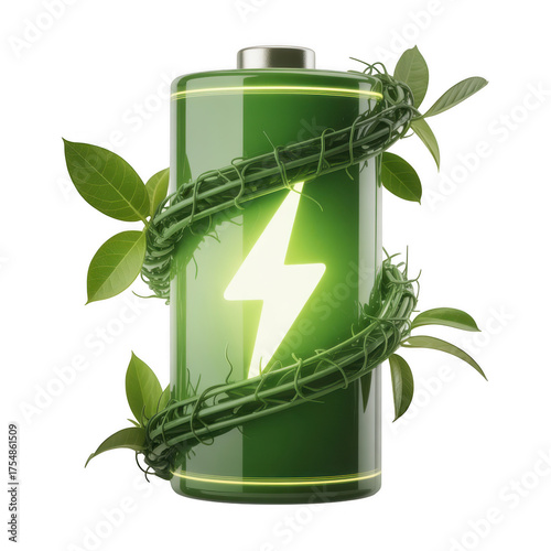 Green battery with lightning bolt and vines on Transparent Background black background symbol