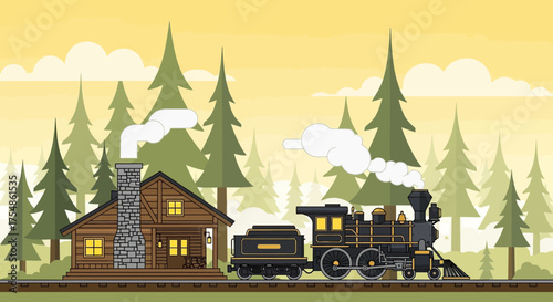 Vintage train travels through the forest next to log cabin background