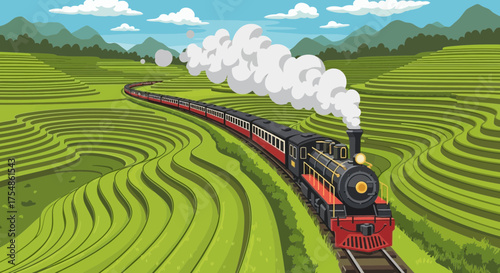 Vintage train travels through verdant rice terraces in a stylized illustration