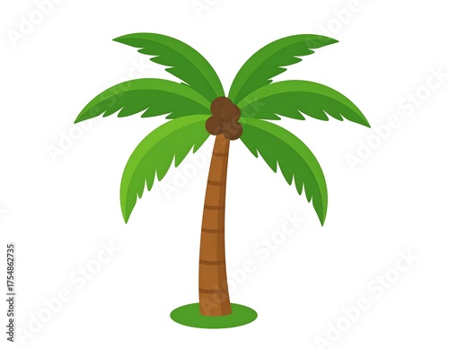 A cartoon illustration of a palm tree with coconuts, against a plain white background with small base green spot