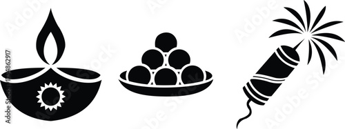 Diwali Icons Silhouette. Diya, Sweets, Firecracker Vector for Festival Celebration