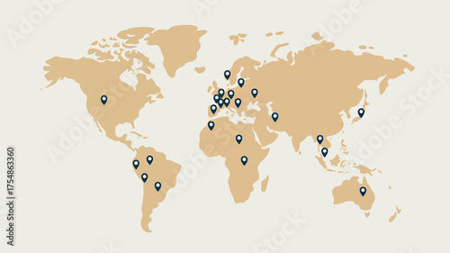 World map with location pins indicating international offices or distribution points and global presence illustration
