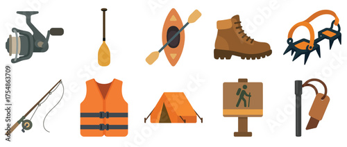 Flat vector illustrations of fishing, hiking, kayaking, and camping gear including boots, tent, life vest, and paddle
