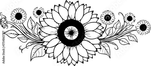 Tableau sur toile Elegant black and white sunflower border design brings natural beauty and artistic flair to any project, evoking summer warmth and joy