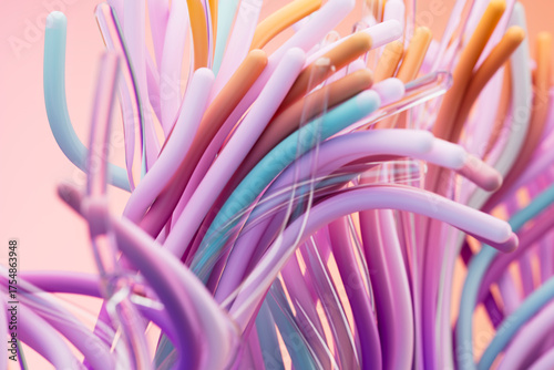 Pastel wires move in chaos. 3D flexible motion strands.