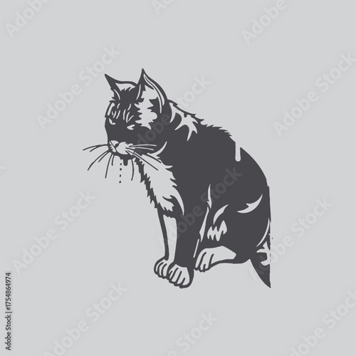 A striking black and white illustration of a seated feline companion