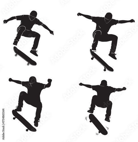 "Skateboarder Performing Jump Tricks Silhouette Collection on White Background"