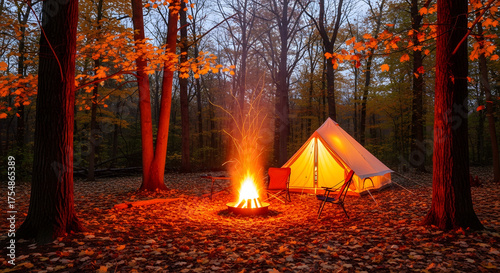Cozy campsite with glowing campfire and illuminated tent amidst autumn forest trees