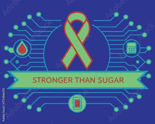 “Stronger Than Sugar” Green Awareness Ribbon with Tech and Health Icons Celebrating Resilience, Diabetes Awareness, and Empowered Wellness Design