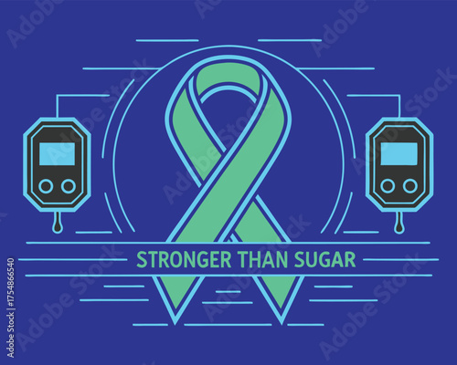 Teal and Blue Diabetes Awareness Ribbon with Glucose Meters and “Stronger Than Sugar” Message Promoting Strength, Health, and Empowerment