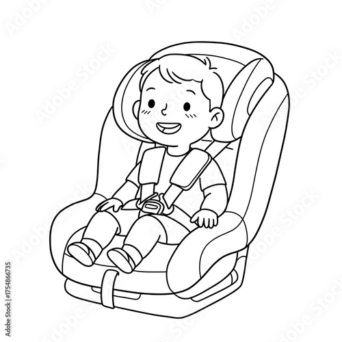 Child in a car seat smiling and secured with seatbelt in a vehicle