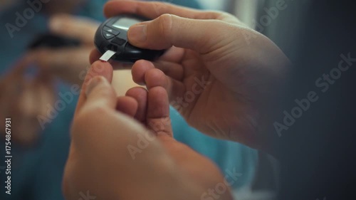 A person is using a glucose meter to check blood sugar levels. The setting appears to be a health monitoring session, possibly at home or in a clinic. This activity is essential for managing diabetes