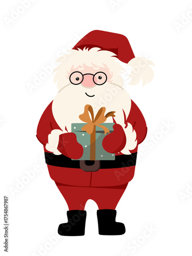 A cheerful illustration of a smiling Santa Claus isolated on white background   holding a wrapped Christmas gift box. Festive design element for greeting cards, posters, and Christmas designs.