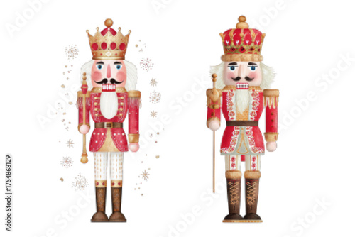 Colorful wooden nutcracker figurines dressed in royal attire, showcasing intricate details and festive elements against a white background
