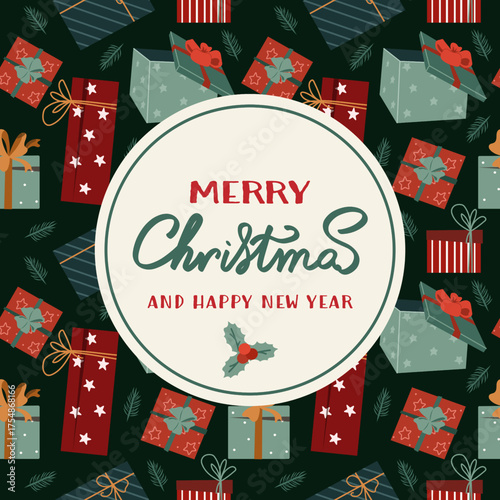 A festive Christmas greeting card with hand-lettered text "Merry Christmas and Happy New Year" framed by a seamless pattern of red and green gift boxes and pine elements on a dark background.