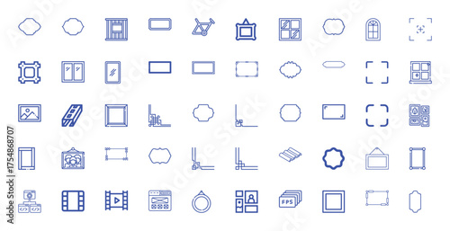 Collection of various frames, windows, and design elements in blue outline