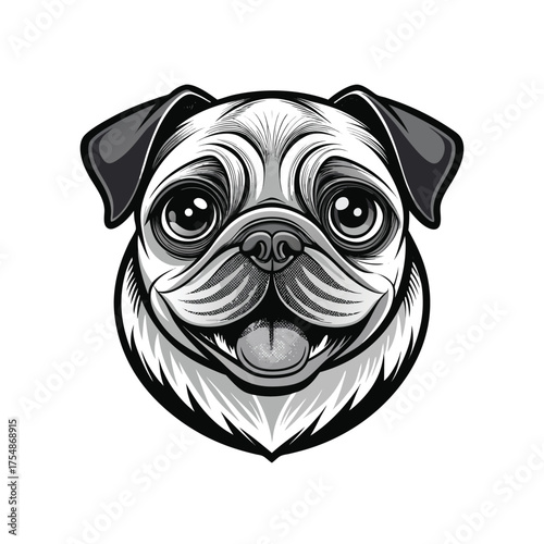 An adorable, small, and funny pug vector illustration of a cute dog head portrait with wrinkles
