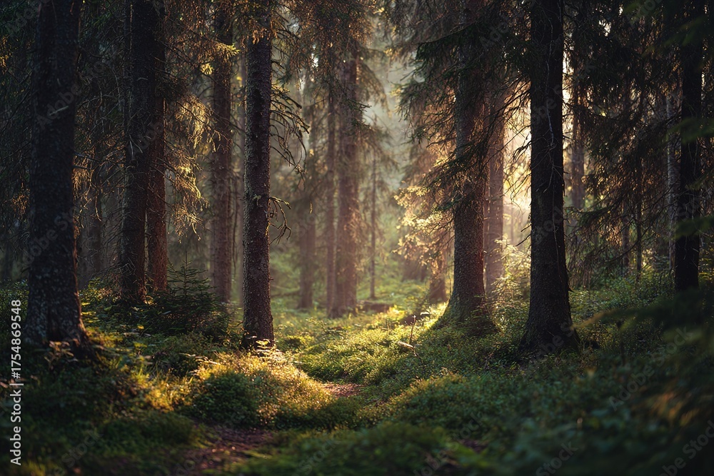 Fototapeta premium Sunlight filters through dense trees in a peaceful forest during the early morning hours