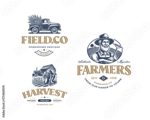 farmer old man with smile wearing hat and truck full of wheat logo template
