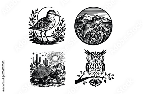 Four Nature Inspired Black and White Vector Images of a Shorebird, Fish, Turtle, and Owl in Graphic Style