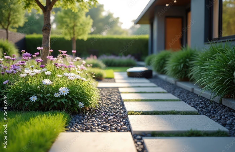 Fototapeta premium Modern house garden design with flowers lawn. Concrete pathway leads to house. Landscaping with ornamental grass, gravel. Contemporary architecture mixes with natural green elements. Robotic