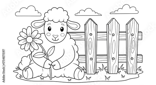Cute sheep holding a flower sitting near a wooden fence in a coloring page