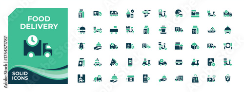 Food Delivery colorful solid icon set. Contain filled sign food, courier, fast, order and more. UI icons set in a flat style. Food Courier modern icon set. Vector collections.