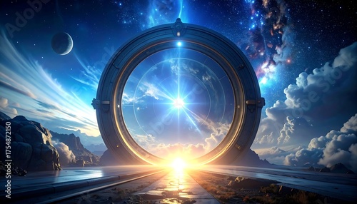 A circular portal on a landscape shows the cosmos, and reflects the sky. Bright light shines through the portal