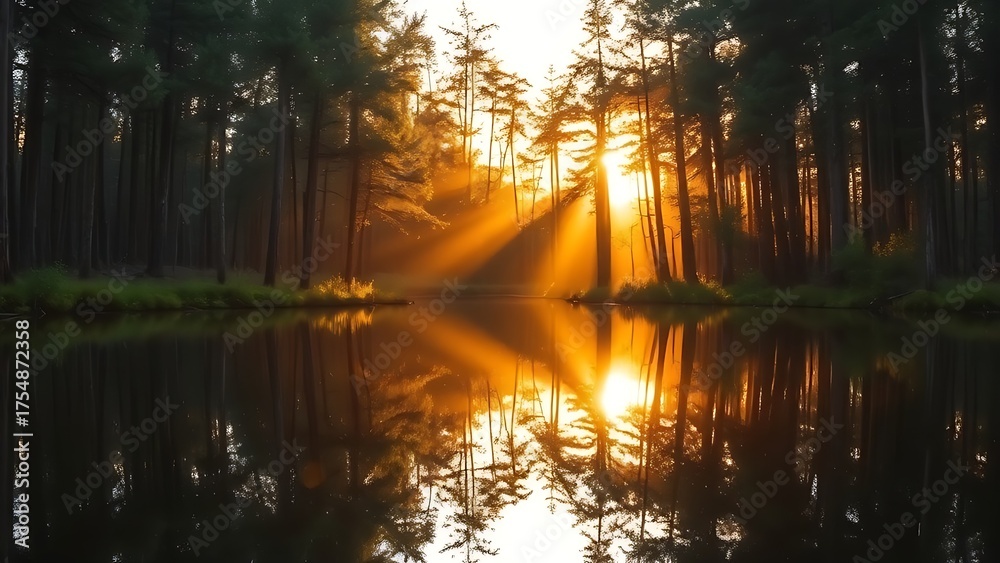 Obraz premium Peaceful forest landscape reflected in still water, capturing golden sunlight through trees.