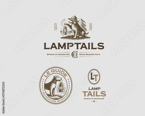 Retriever dog holding an old-fashioned lantern logo template