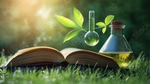 Open Book With Green Leaves And Laboratory Glass Flasks Representing STEM Education And Sustainable Science Learning In Nature