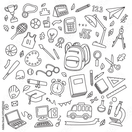 Back to school Illustration of doodle seamless pattern. Hand drawn background with school supplies and creative elements
