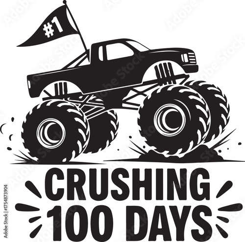 Vector art of black and white illustration of a monster truck with a flag that says 1, crushing 100 days text