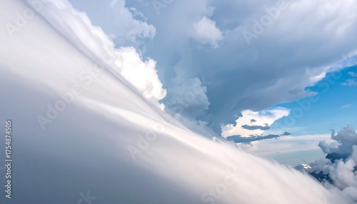 Fototapeta Naklejka Na Ścianę i Meble -  A dynamic view of swirling cloud formations. Layers of white and gray clouds drift, with blue sky visible