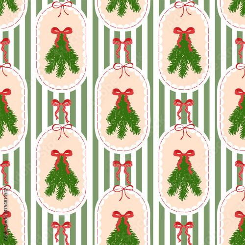 Trendy Christmas Seamless Pattern with decorative Frames and branches Christmas trees tied with red ribbon bows on a striped green background. Xmas coquette retro print. For fabric, wrapping paper.