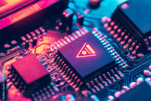 Microchip close up on electronic circuit board with glowing warning symbol, illustrating technology and microchip shortage in vibrant pink and blue lighting