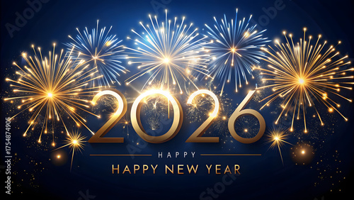 Vibrant Golden and Blue Fireworks Celebrate the Arrival of 2026 new year celebration