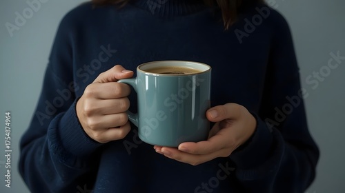 Woman in navy blue sweater holding ceramic mug, soft grey background