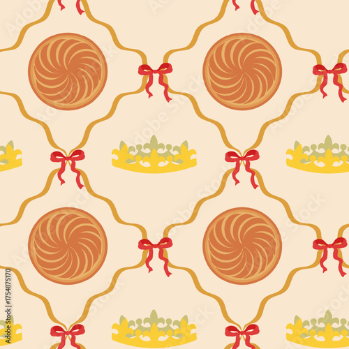 Seamless Epiphany Galette des Rois Pattern with Golden Crown and Red Bow, Traditional French Holiday Cake Design, January Feast Backdrop. For wrapping paper, textile, packaging, holiday decoration 