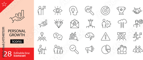 Personal growth icons set. Includes symbols of self-improvement, motivation, goal setting, learning, and development. Editable stroke. Vector illustration. Outline icons. Perfect for self development.