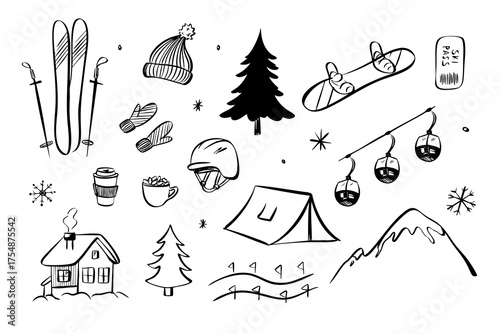 Hand drawn winter ski elements set. Vector illustration with mountains, ski gear, snowboards, cable car, trees, and winter camp. 
