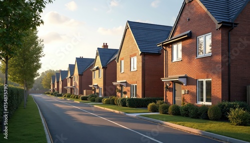 Row of modern brick detached houses line quiet suburban street. New home features green lawn, neat bushes. Paved road extends with young trees, hedge. Afternoon sun illuminates residential property