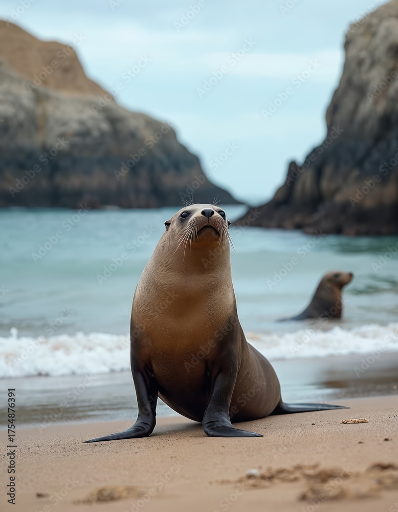 Fototapeta premium Galapagos sea lion stands on sandy ocean beach, looking up. Young mammal rests on shore. Another sea lion swims in calm turquoise water. Wild marine animals relax freely on natural island coast with