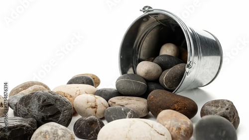 A silver metal bucket tipped over, spilling a variety of smooth, colorful stones onto a white surface. The stones vary in size, color, and texture