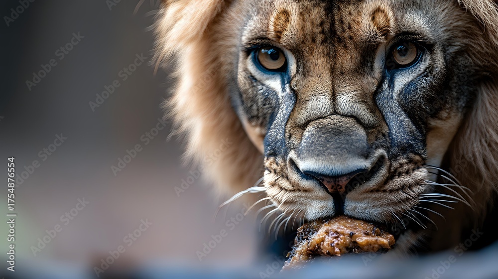 Fototapeta premium Close up portrait of majestic lion with intense blue eyes and focused gaze eating raw meat against blurred background, dramatic wildlife photography.