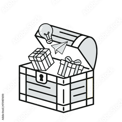 An open treasure chest overflows with gifts, a lightbulb representing ideas, and a paper airplane symbolizing innovation.