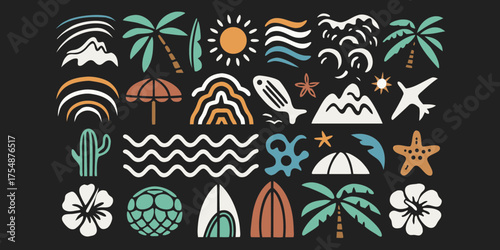 Collection of tropical summer vacation icons and symbols in flat design style